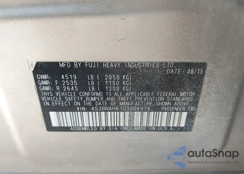 2016 Subaru Legacy 2.5I Premium z USA, uszkodzony, nr VIN 4S3BNAH61G3004978